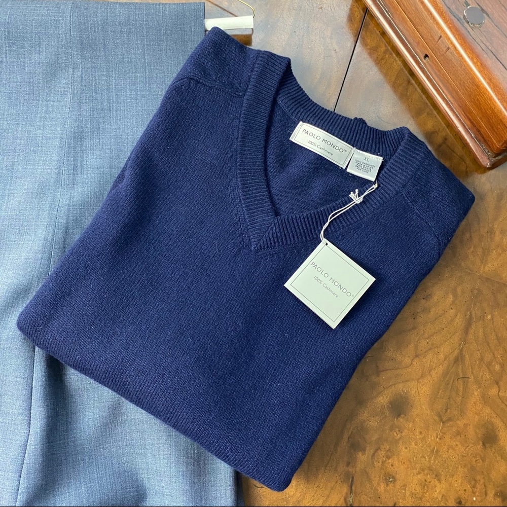 Men’s Navy Cashmere Sweater XL Paolo Mondo V-Neck NWT
